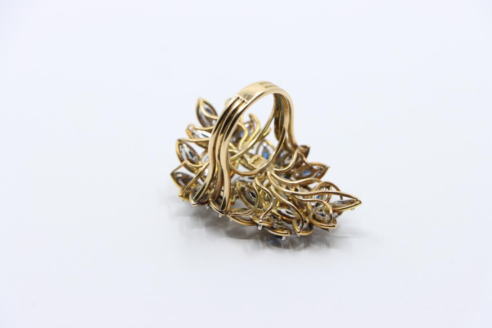 Vintage 14K Gold Diamond Sapphire Bouquet Ring For Sale 4
