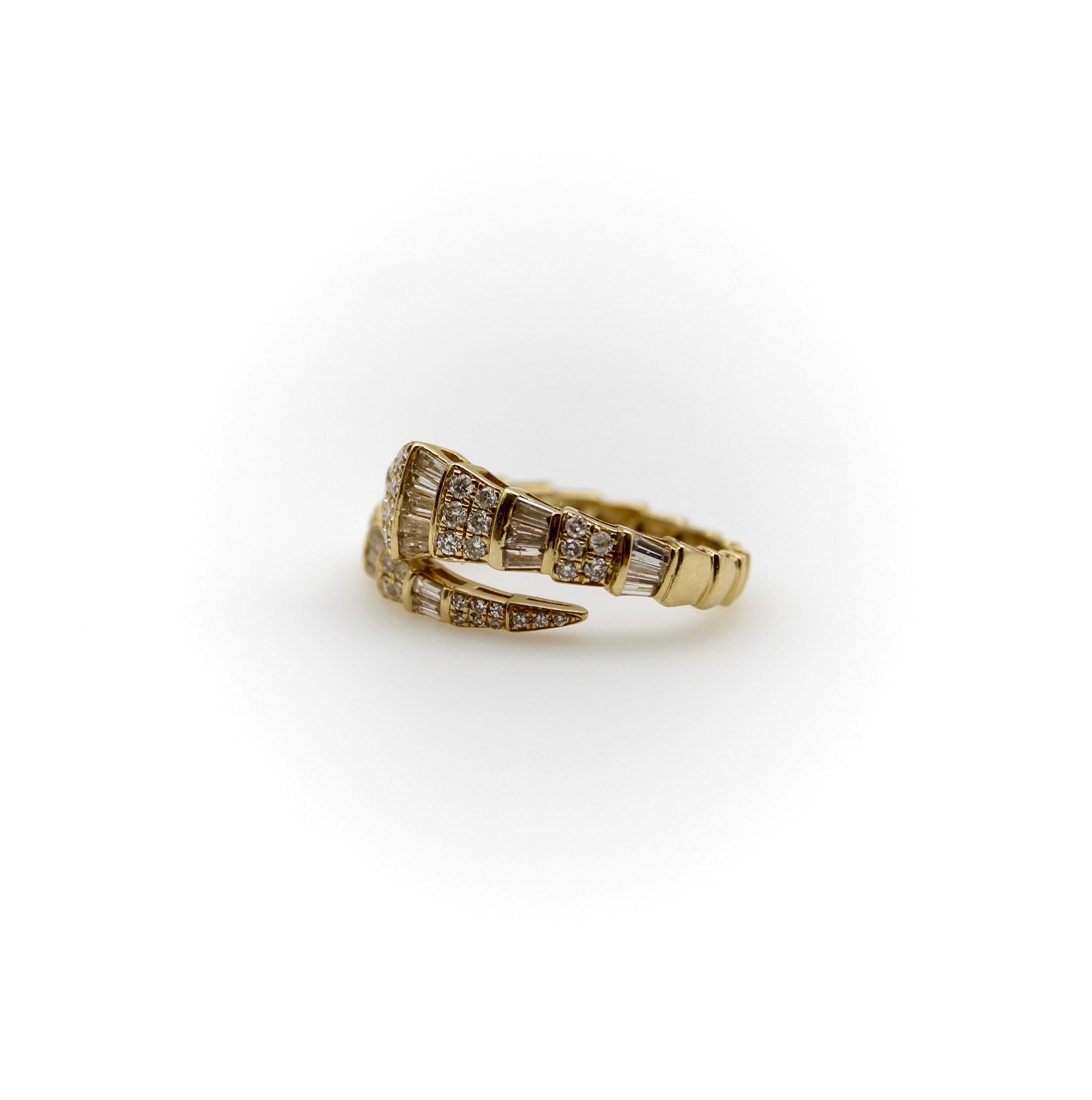 Baguette Cut  Vintage 14K Gold Diamond Snake Bypass Ring 