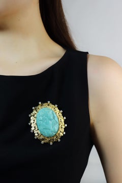 Vintage 14K Gold Diamond Turquoise Cameo Large Brooch