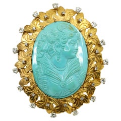 Vintage 14K Gold Diamond Turquoise Cameo Large Brooch
