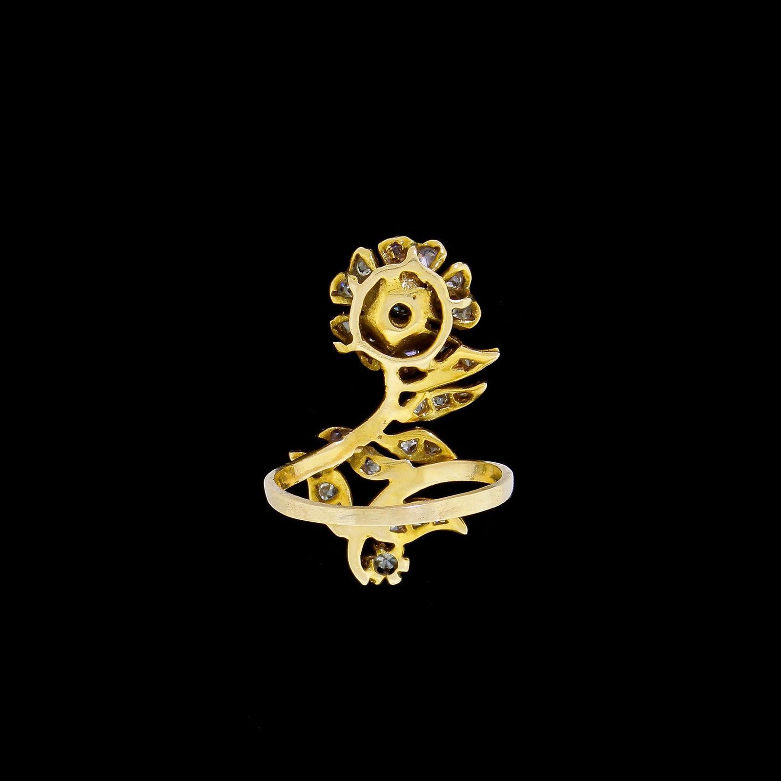 Women's or Men's Vintage 14 Karat Gold Diamond Victorian Flower Floral Ring For Sale