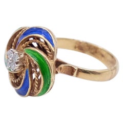Vintage 14K Gold Diamonds Enamel Rings Size 6.5