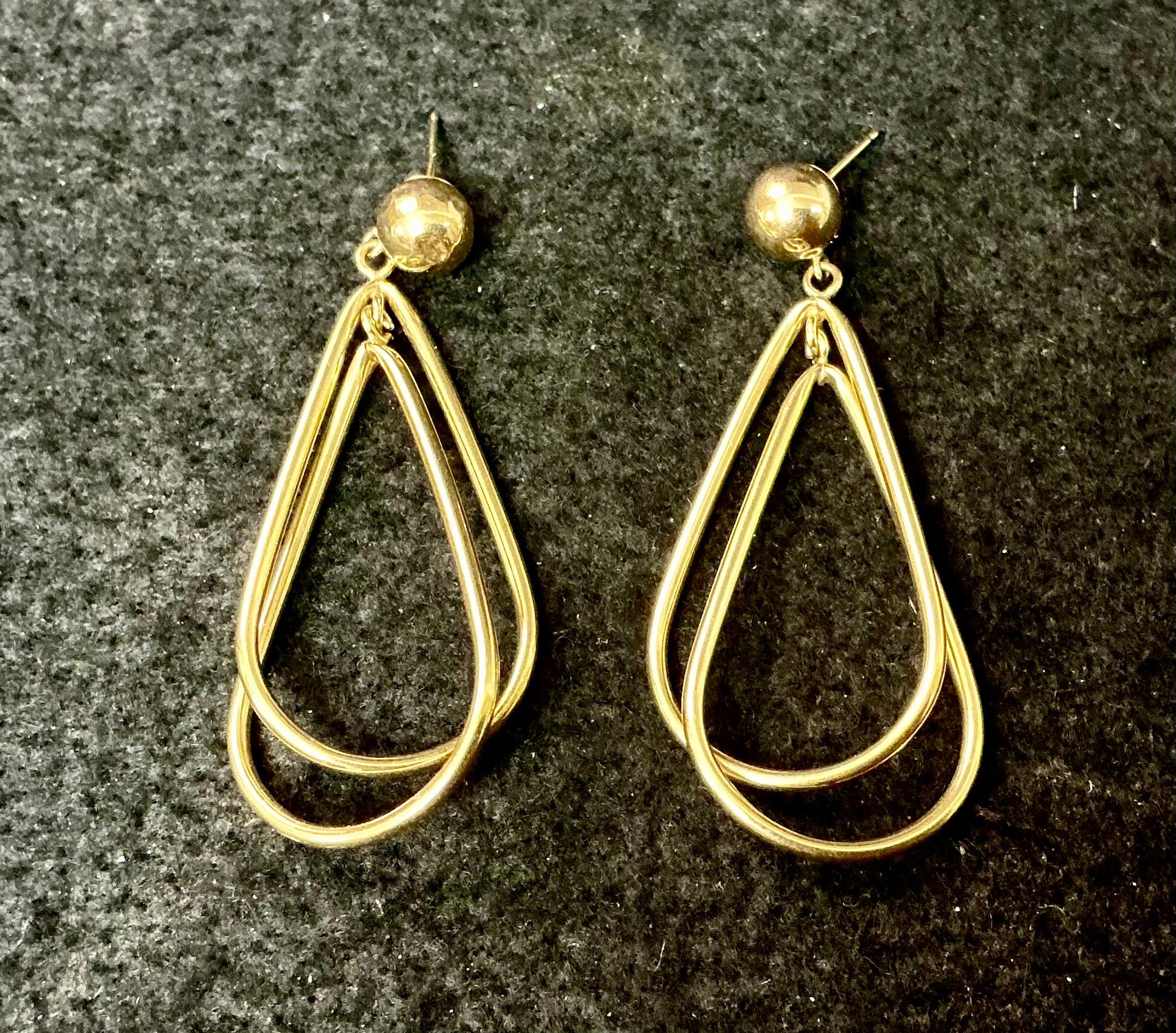 Pendientes de lágrima colgantes dobles de oro de 14 quilates vintage Moderno en venta