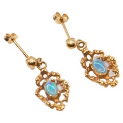 Antique 14K Gold Drop Earrings with Natural Opals  Ornate Scroll Design