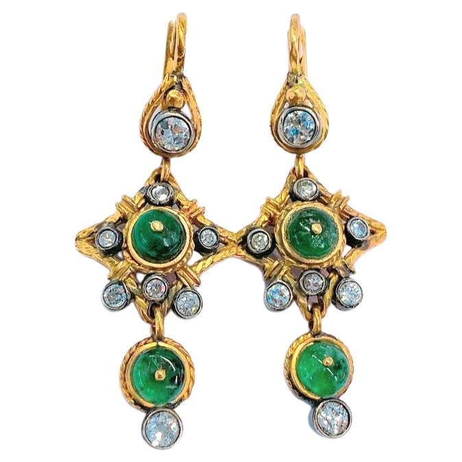 Vintage  Emerald and Old Mine Cut Diamond Gold Earrings In Good Condition For Sale In Cairo, EG