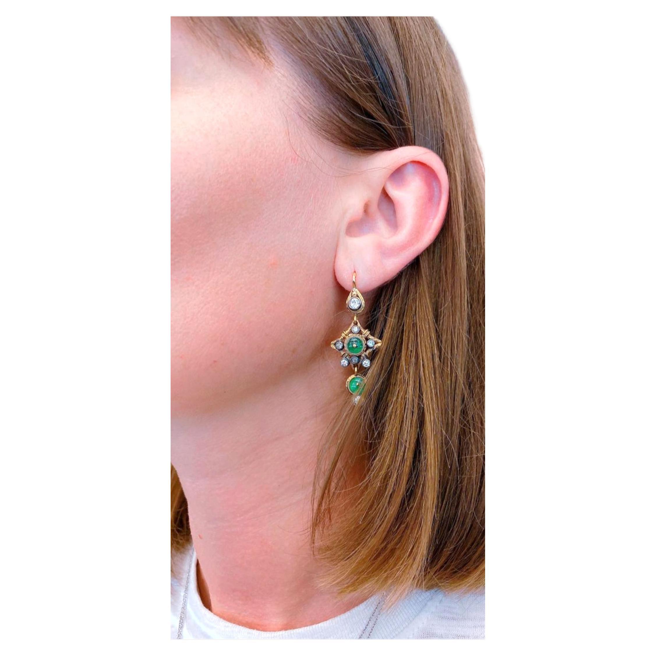 Women's Vintage  Emerald and Old Mine Cut Diamond Gold Earrings For Sale