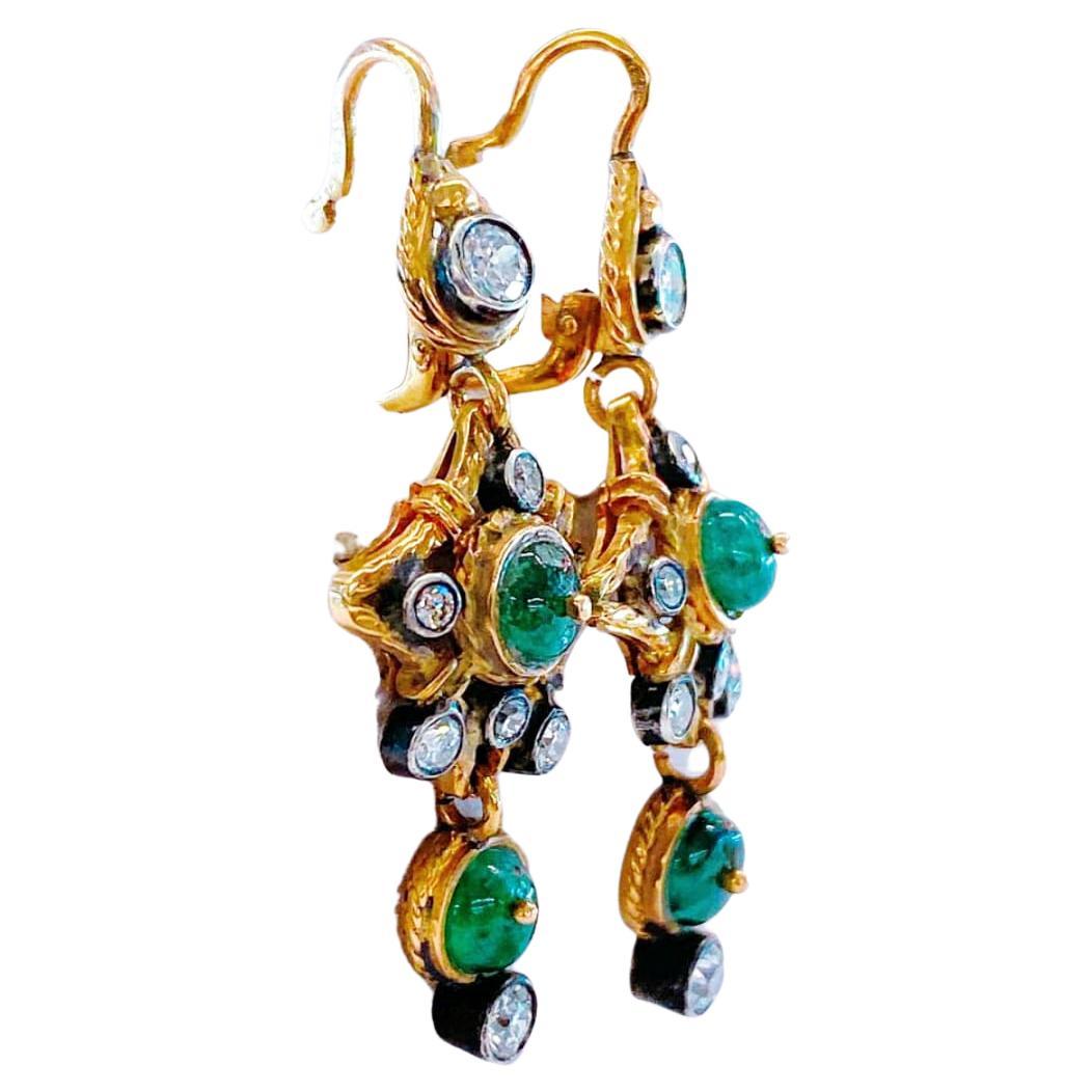 Vintage  Emerald and Old Mine Cut Diamond Gold Earrings For Sale 1