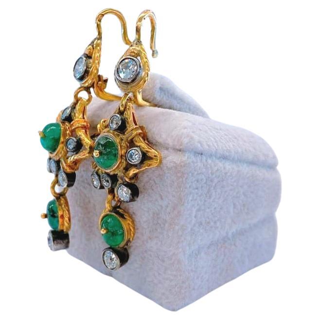 Vintage  Emerald and Old Mine Cut Diamond Gold Earrings For Sale 2