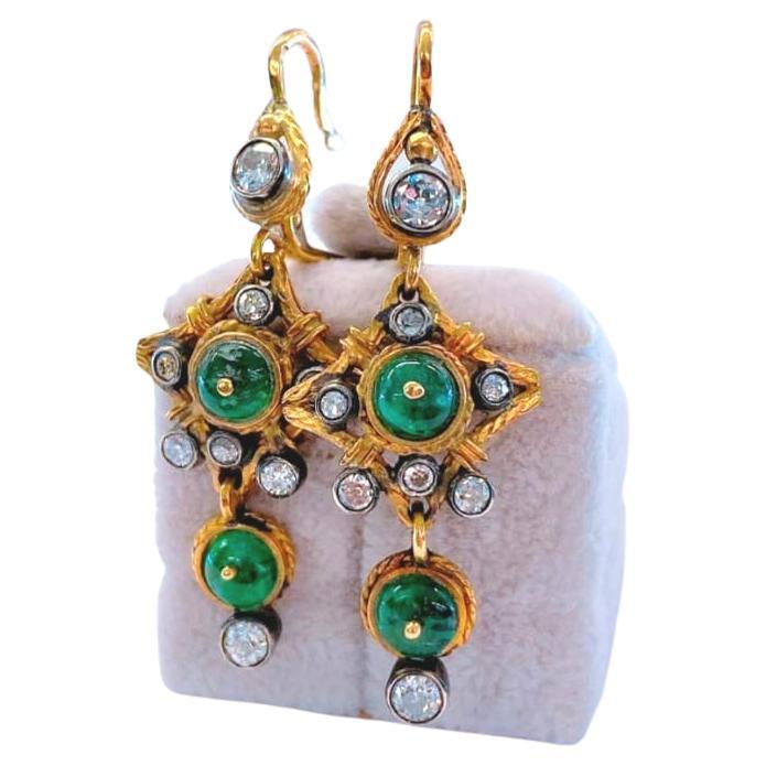 Vintage  Emerald and Old Mine Cut Diamond Gold Earrings For Sale