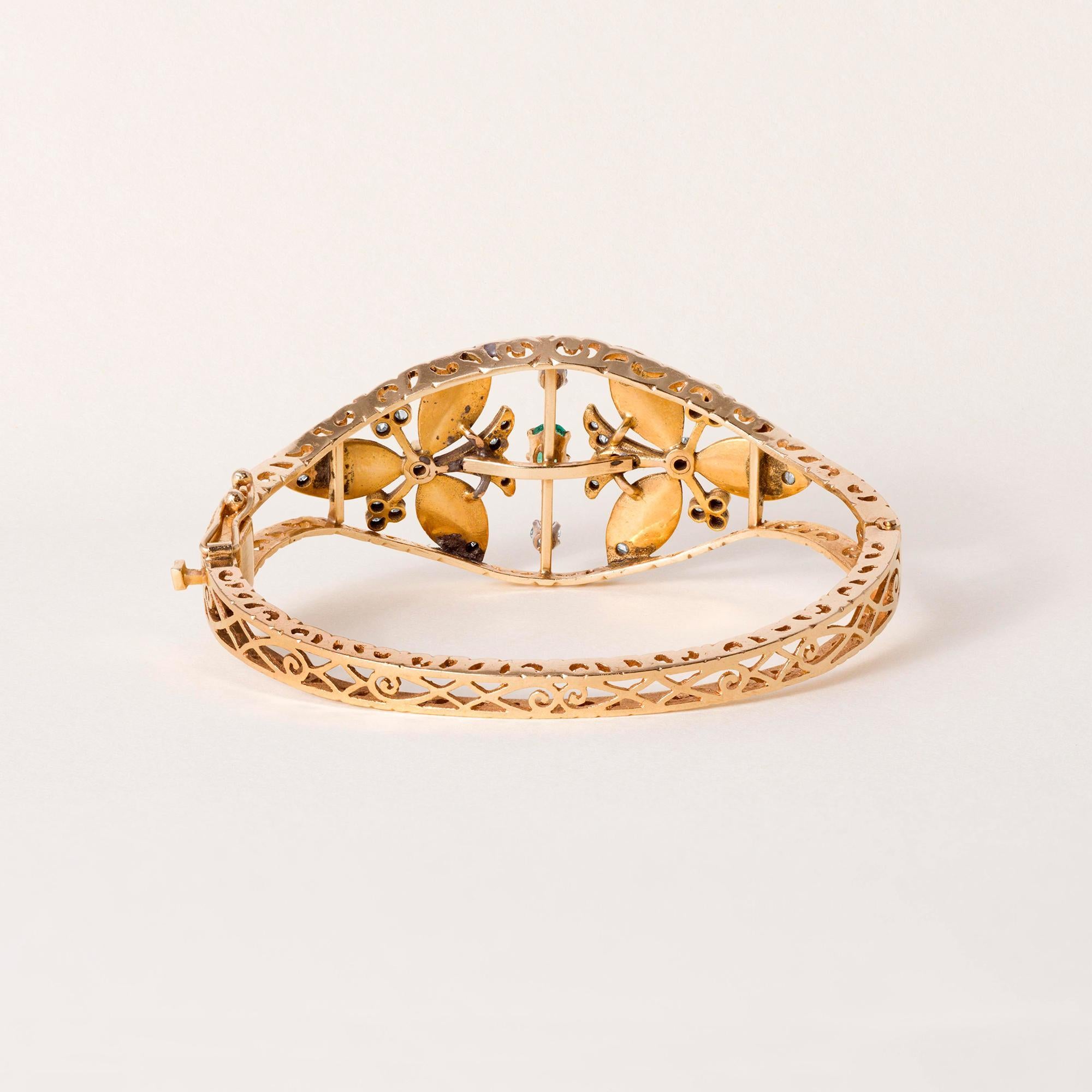 Vintage 14K Gold Smaragd, Antikschliff Diamant und Kobaltblau Emaille Armreif im Zustand „Gut“ im Angebot in Los Angeles, CA