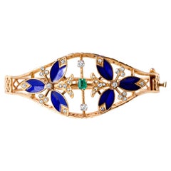 Vintage 14K Gold Emerald, Antique Cut Diamond and Cobalt Blue Enamel Bangle