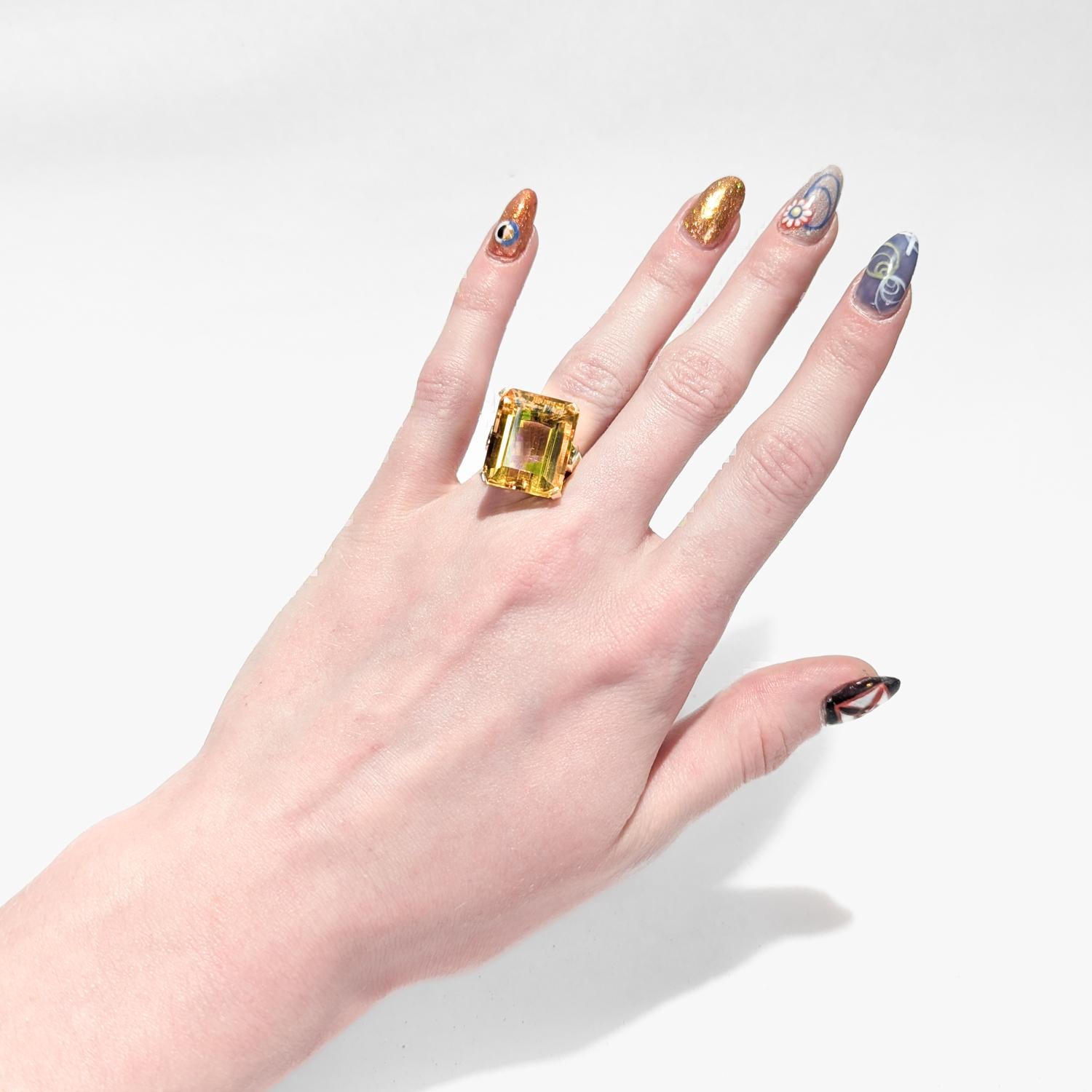 Vintage 14K Gold & Emerald Cut Citrine Cocktail Ring For Sale 13