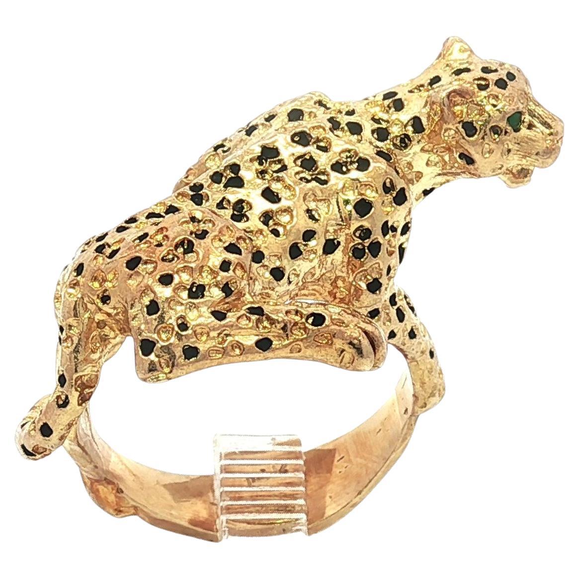 Vintage 14k Or Emerald Eyes Black Enamel Spots Jumping Leopard Big Cat Ring