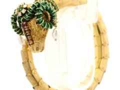 Vintage 14k Gold Emerald Jade Ruby Diamond & Pearl Enamel Work Ram Wrap Bracelet