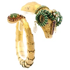 Vintage 14k Gold Emerald Jade Ruby Diamond & Pearl Enamel Work Ram Wrap Bracelet
