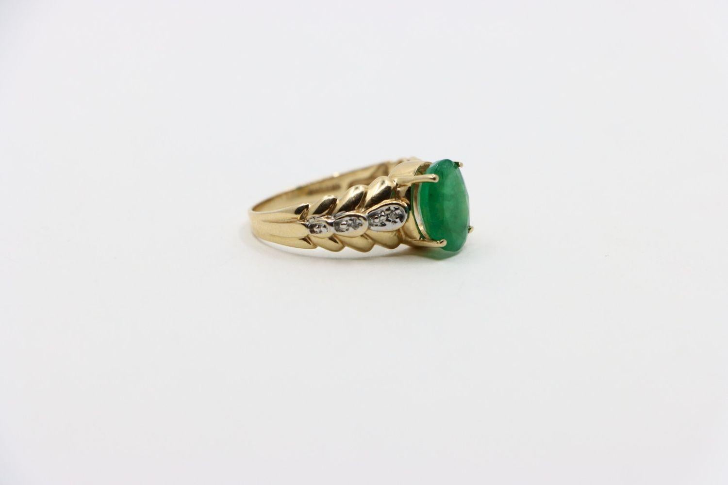 Vintage 14K Gold Emerald Ring

Approximate Dimensions:
8 (Ring Size) 
1.0 cm (Width) 
10.16 mm x 7.86 mm (Emerald) 
4.1 grams in weight.