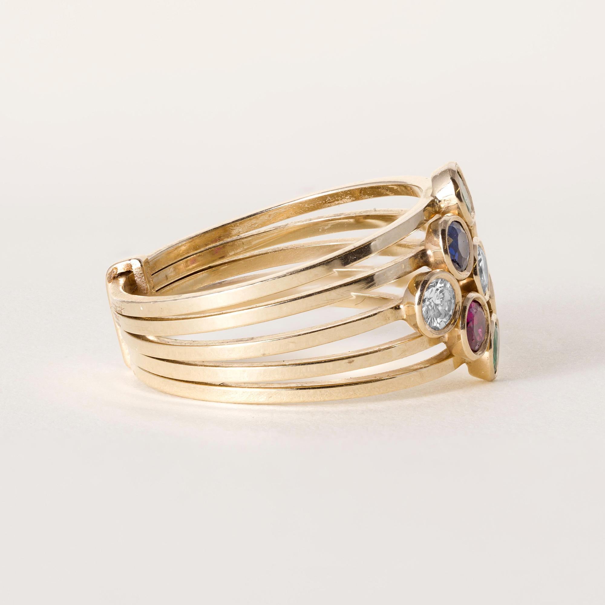 Vintage 14K Gold Smaragd, Rubin und Diamant Lünette Set Bands im Zustand „Gut“ im Angebot in Los Angeles, CA