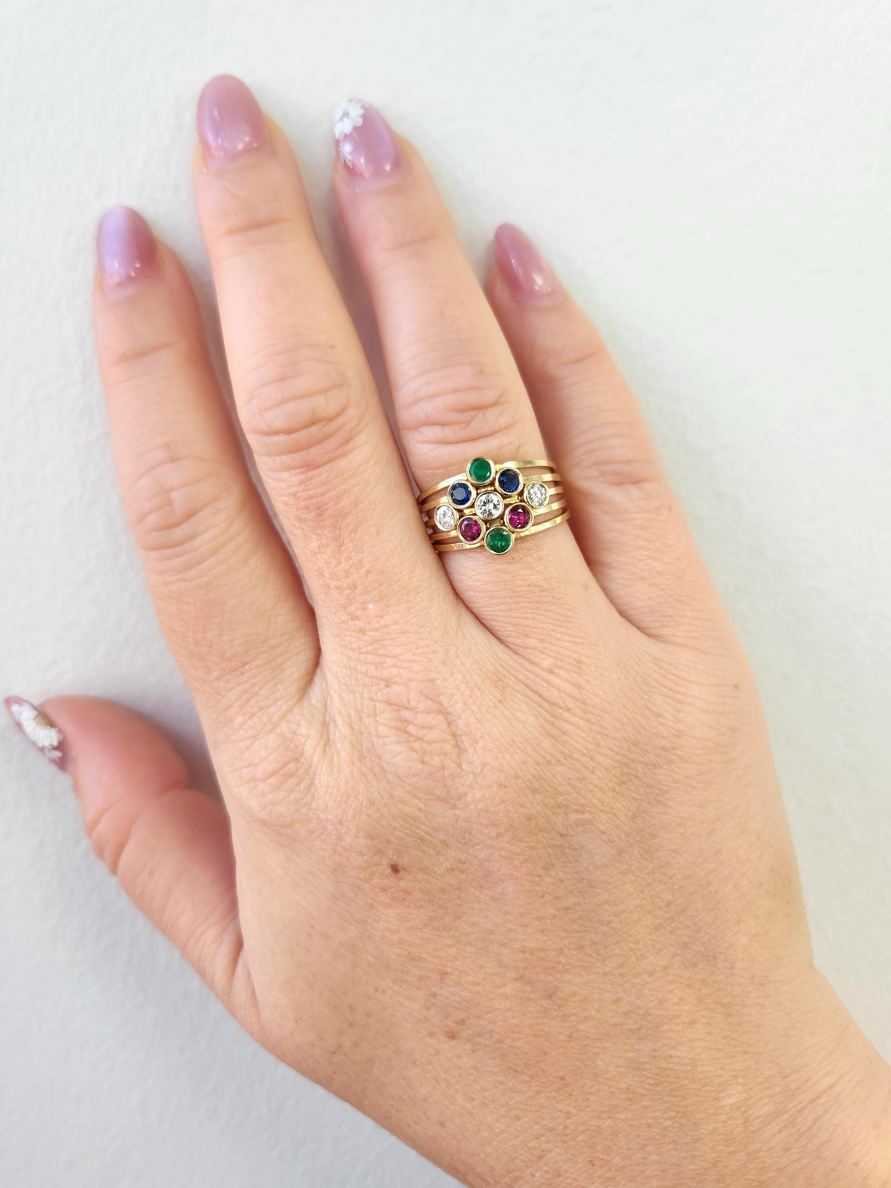 Vintage 14K Gold Smaragd, Rubin und Diamant Lünette Set Bands im Angebot 1