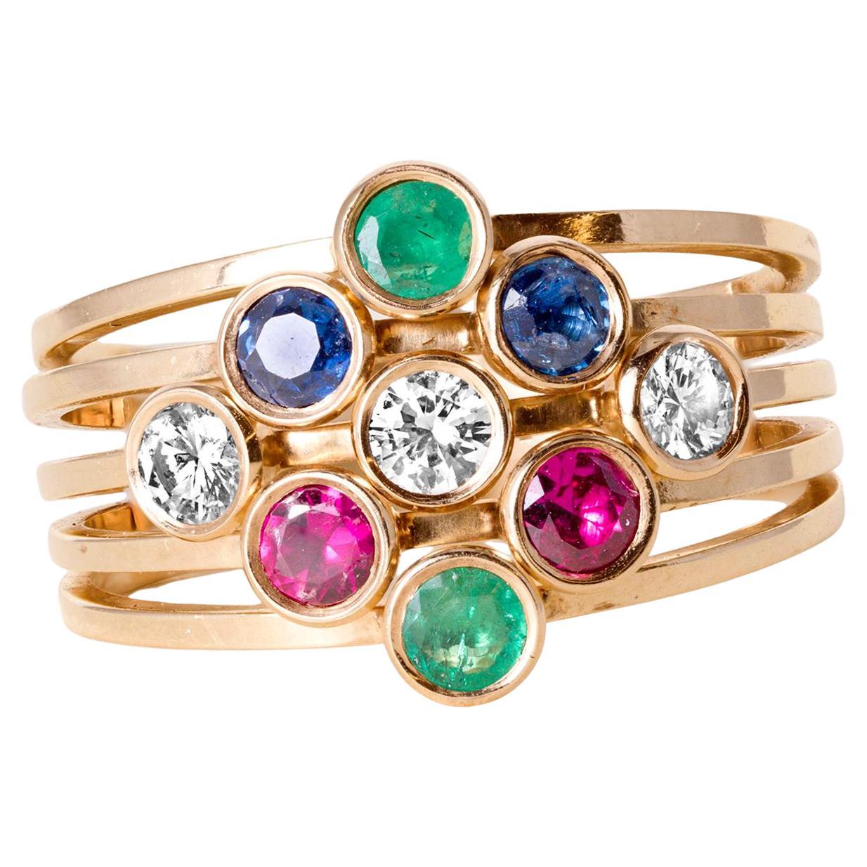 Vintage 14K Gold Smaragd, Rubin und Diamant Lünette Set Bands im Angebot