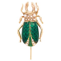 Vintage 14K Gold, Enamel, and Seed Pearl Figural Beetle Lapel or Stick Pin
