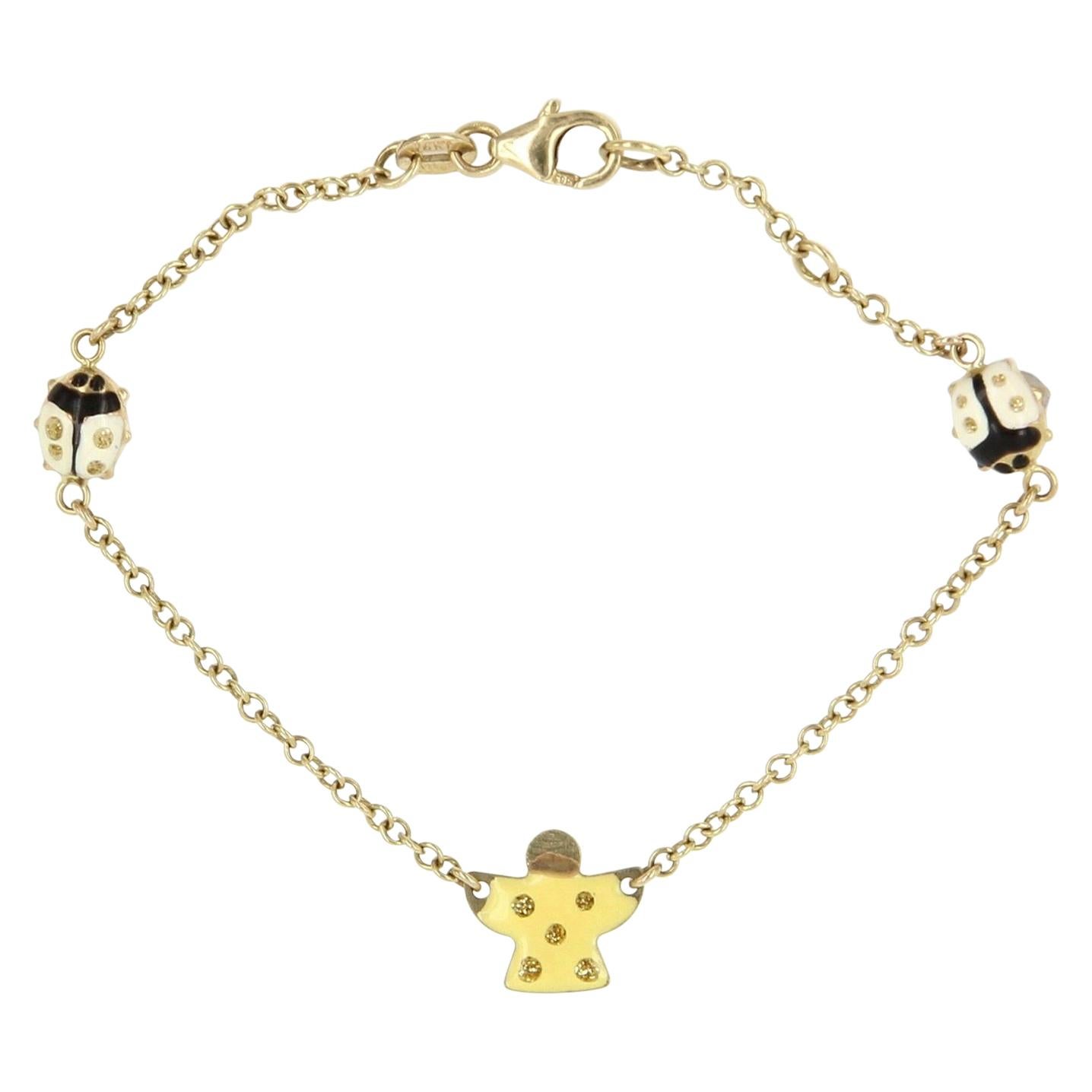 Vintage 14k Gold Enamel Child Ladybug Beetle Angel Charm Bracelet Estate Jewelry