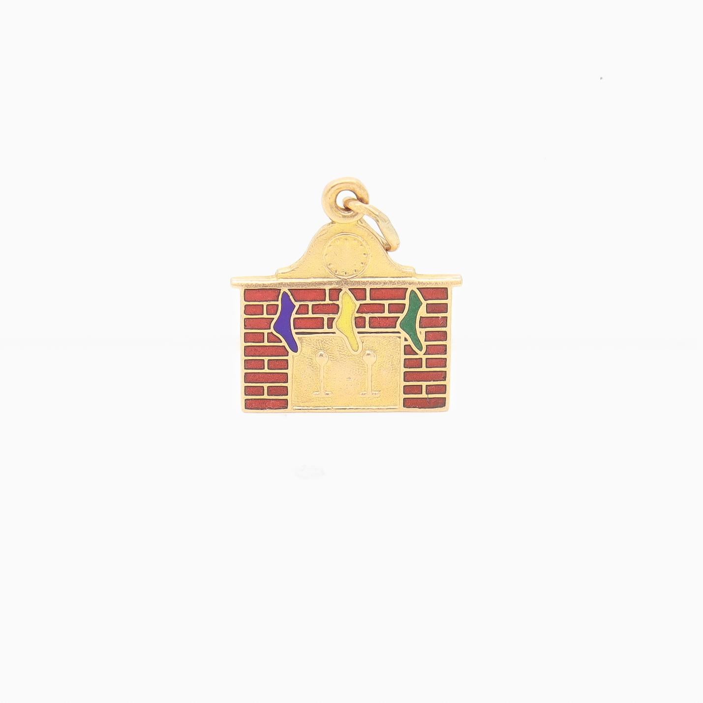 Retro Vintage 14K Gold & Enamel Christmas Fireplace Charm for a Bracelet For Sale