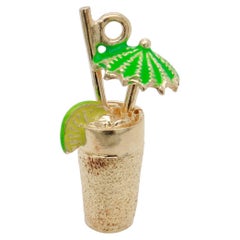 Vintage 14K Gold & Enamel Cocktail with Lime & Umbrella Charm for a Bracelet