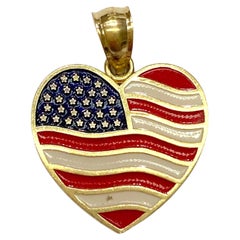 Vintage 14K Gold Enamel Double Sided GOD BLESS AMERICA Heart Pendant