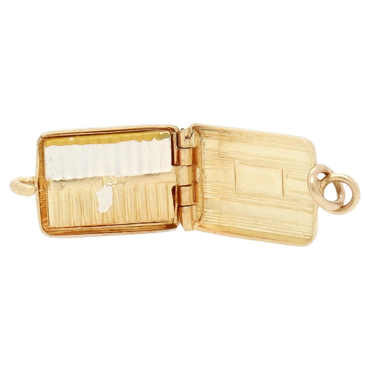 Vintage 14K Gold & Enamel Engine Turned Cigarette Case Charm for a Bracelet