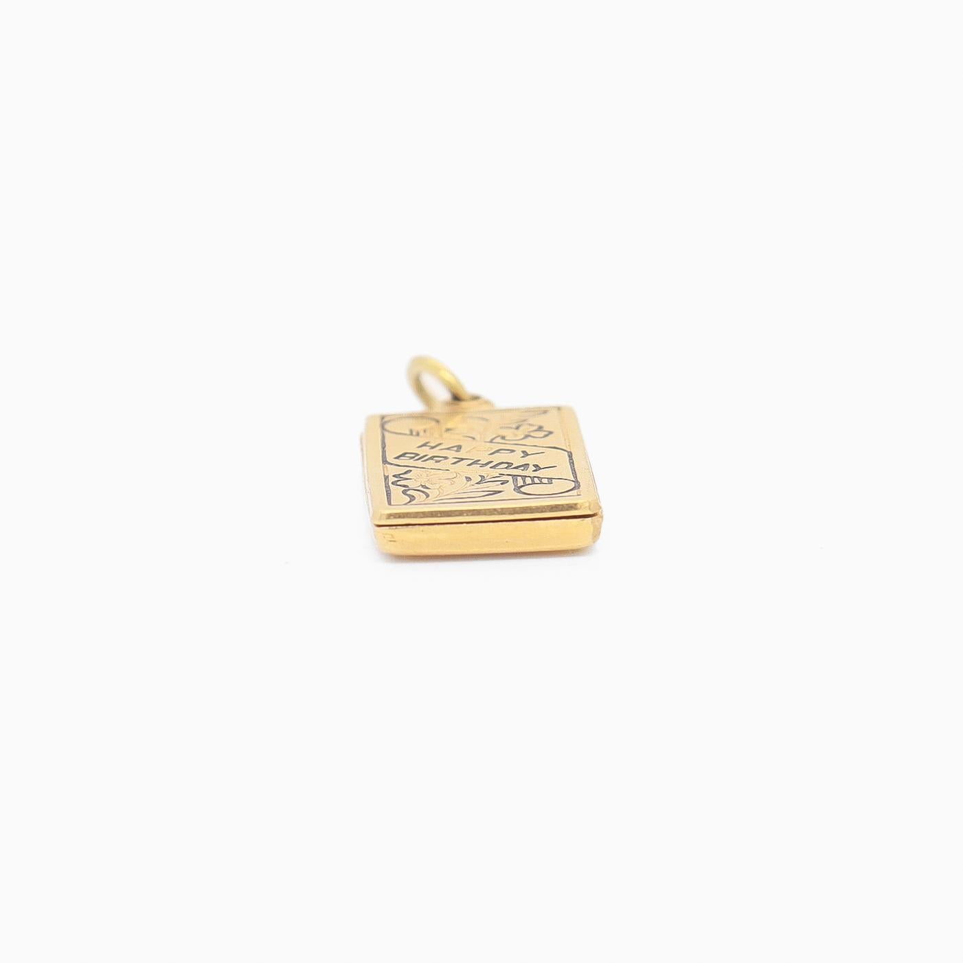 Vintage 14K Gold & Enamel Figural 'Happy Birthday' Card Charm for a Bracelet For Sale 14