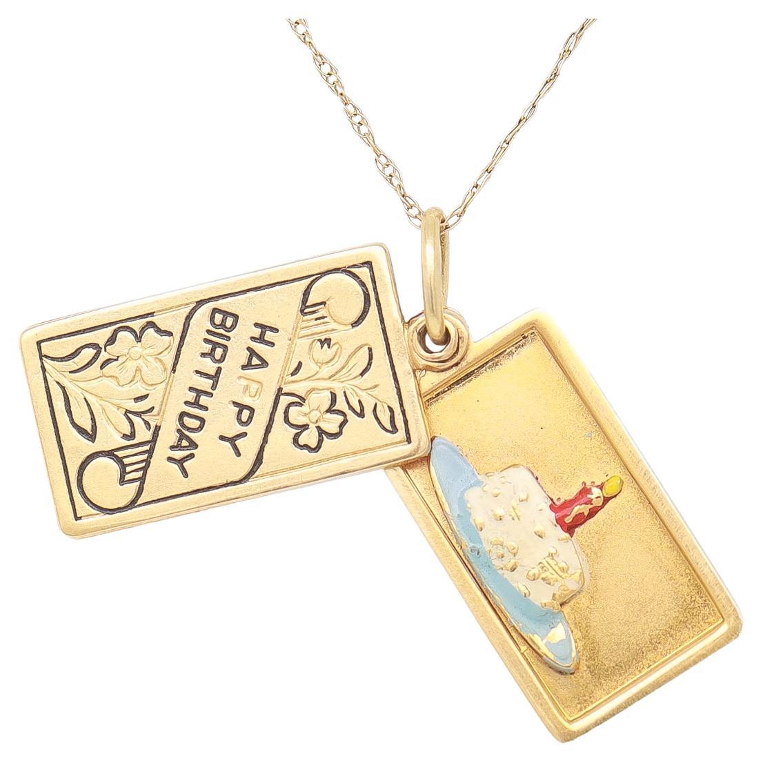 Vintage 14K Gold & Enamel Figural 'Happy Birthday' Card Charm for a Bracelet In Good Condition For Sale In Philadelphia, PA