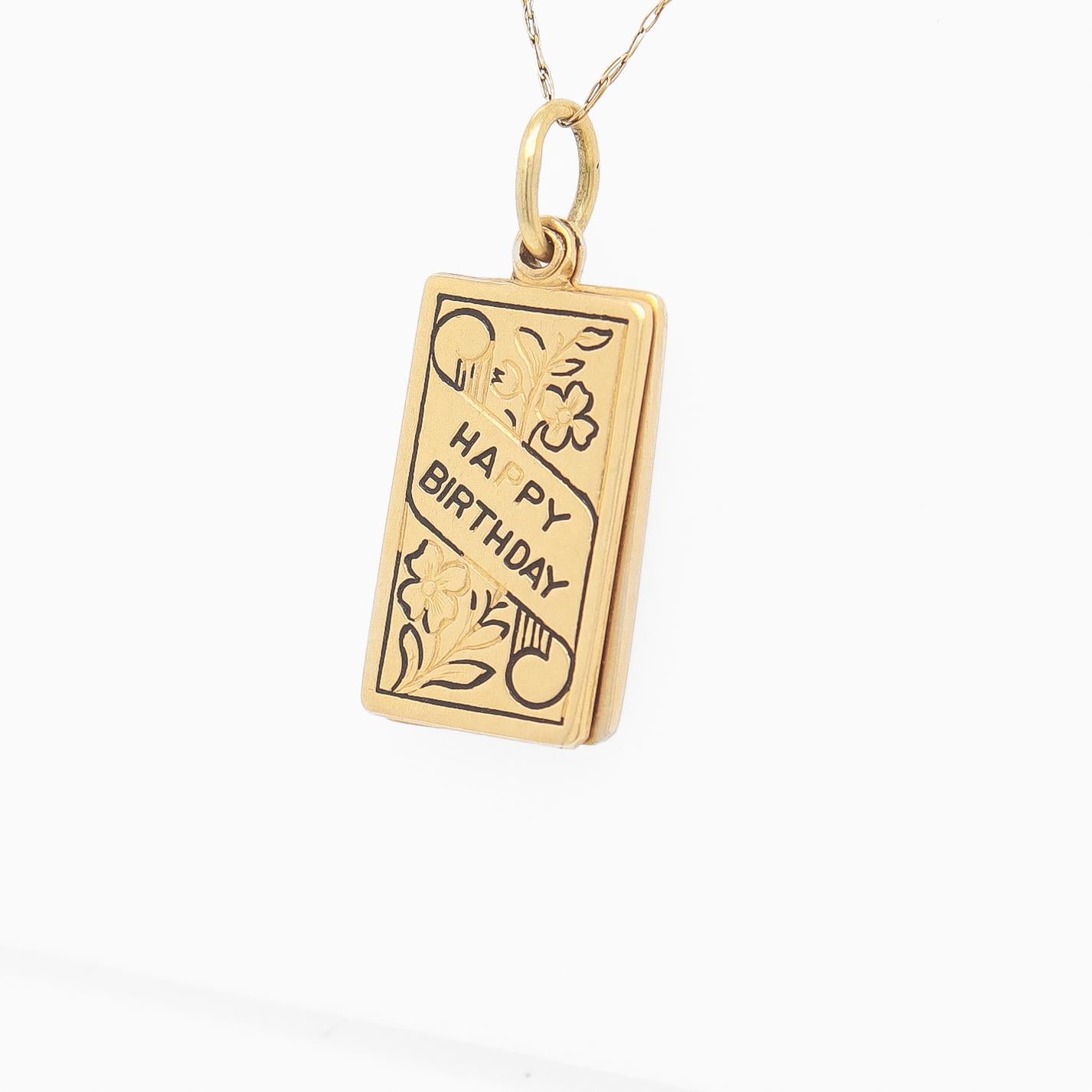 Vintage 14K Gold & Enamel Figural 'Happy Birthday' Card Charm for a Bracelet For Sale 1