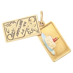 Vintage 14K Gold & Emaille Figural 'Happy Birthday' Karte Charme für ein Armband