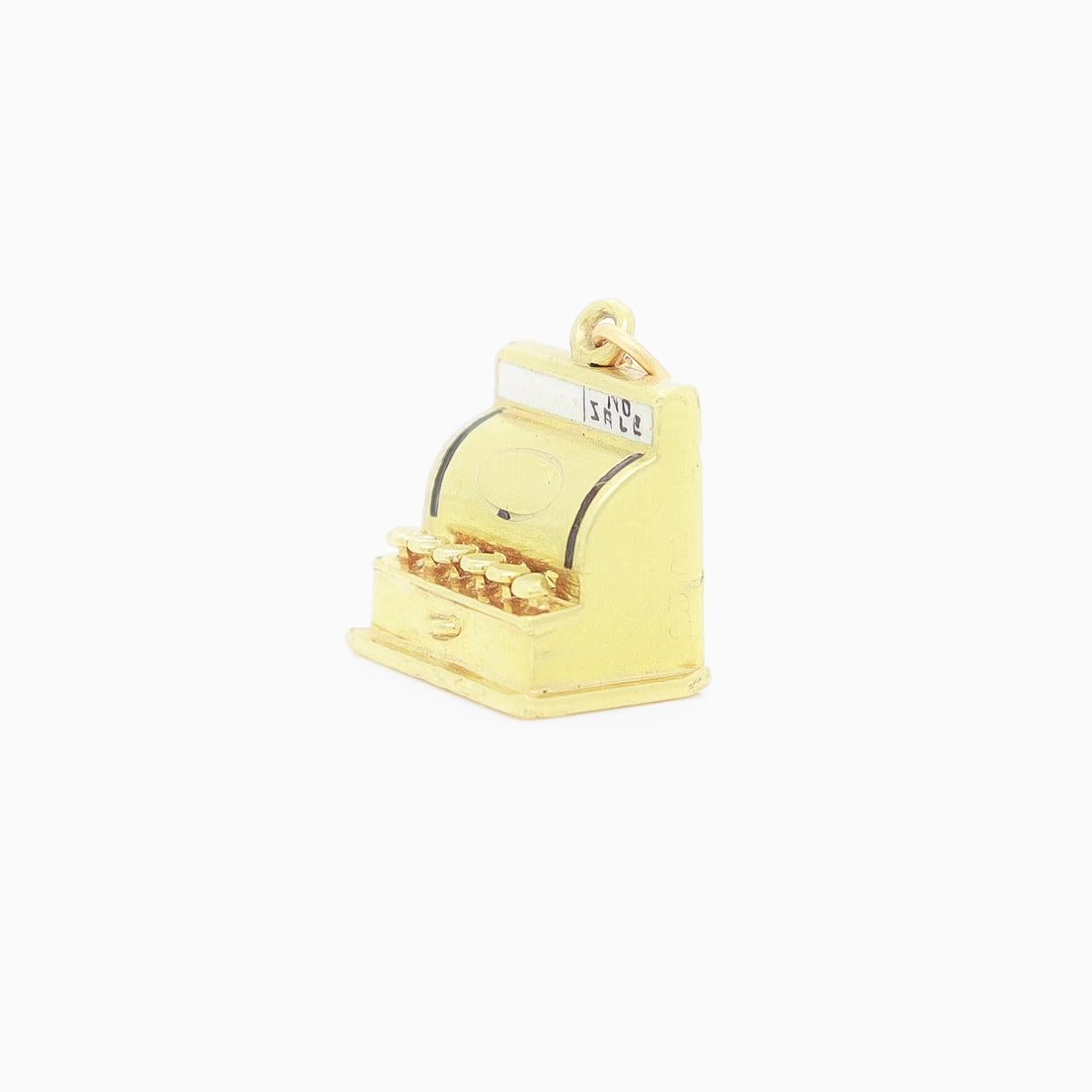Vintage 14K Gold & Enamel Figural 'No Sale' Cash Register Charm In Fair Condition For Sale In Philadelphia, PA
