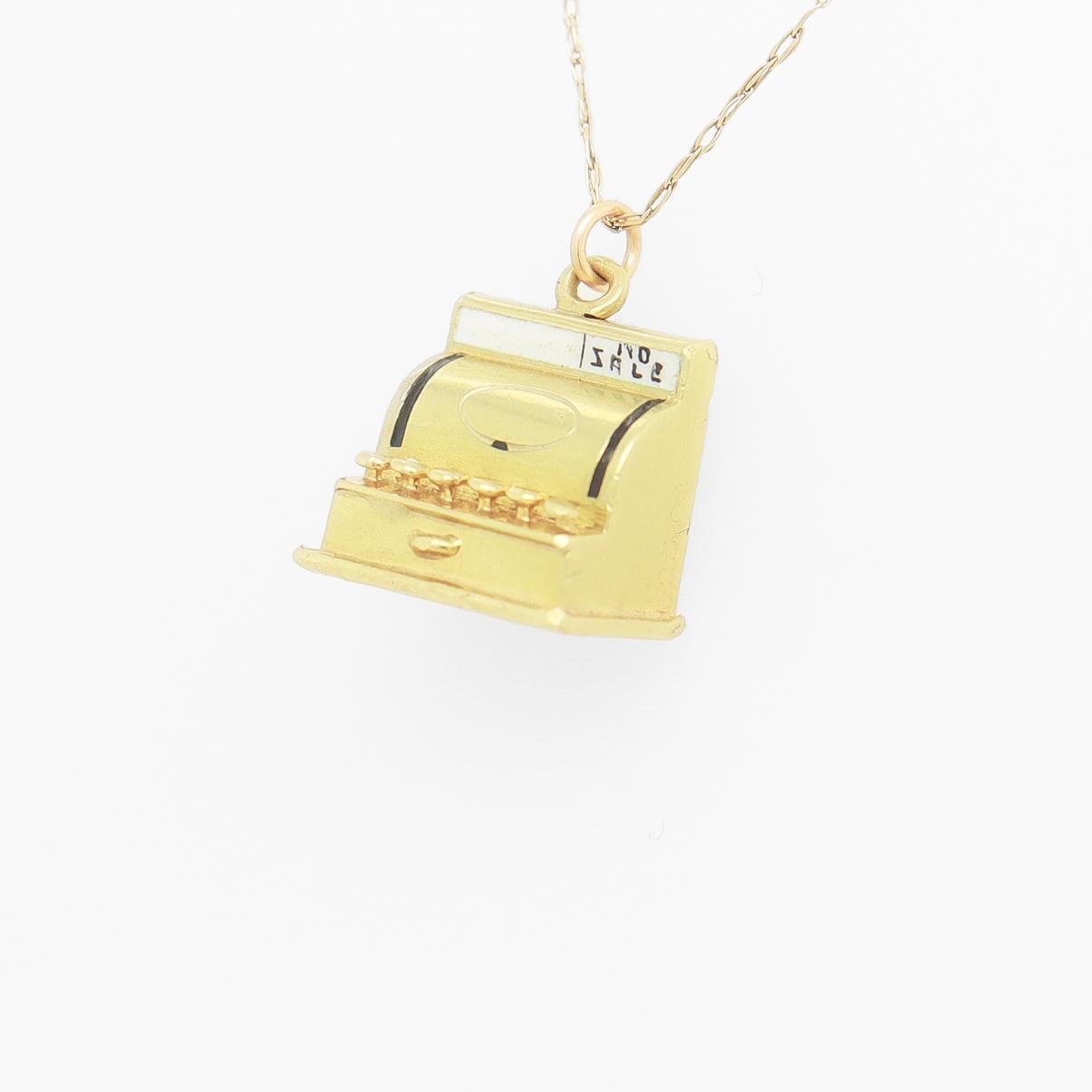Women's Vintage 14K Gold & Enamel Figural 'No Sale' Cash Register Charm For Sale