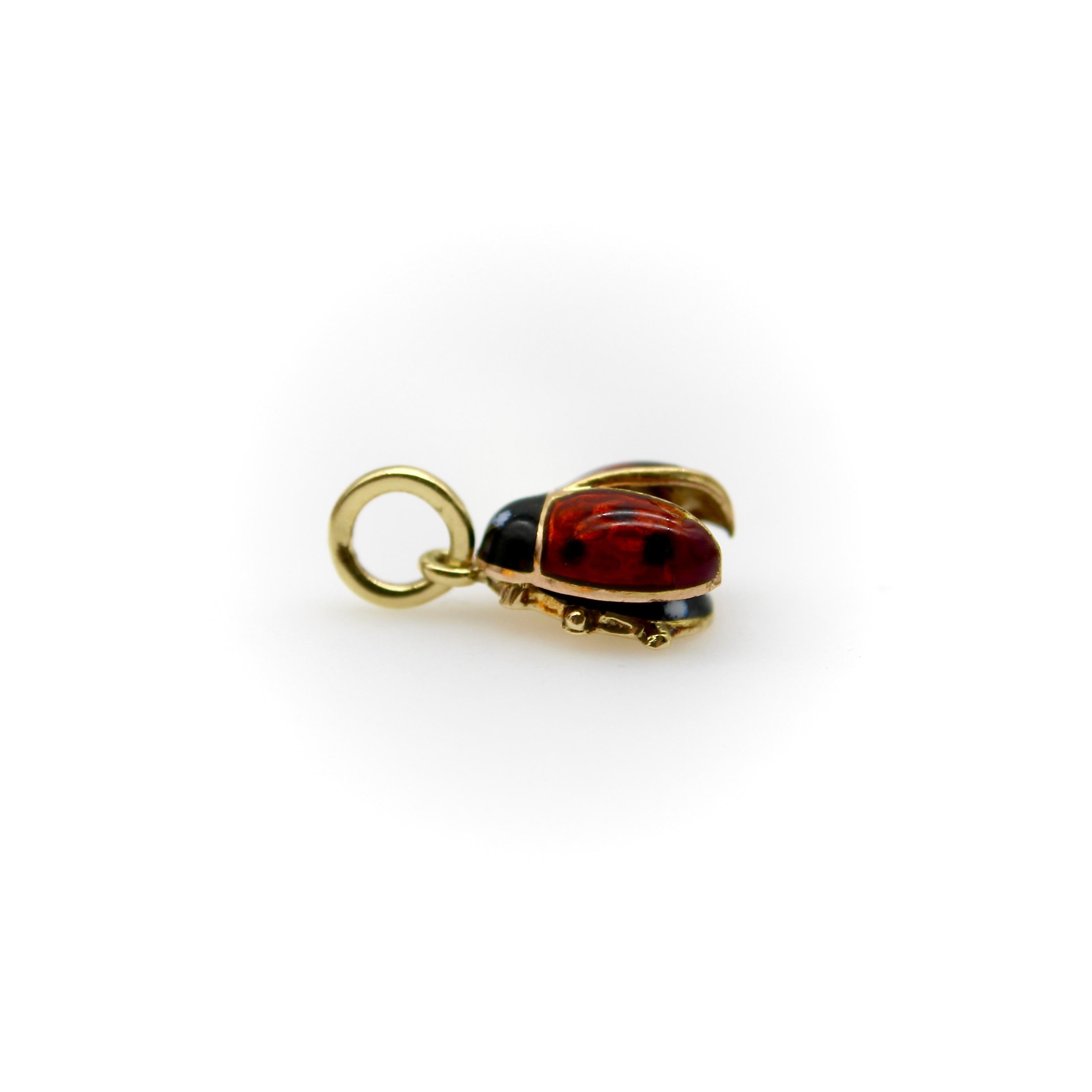 Modern Vintage 14K  Gold Enamel Ladybug Charm For Sale