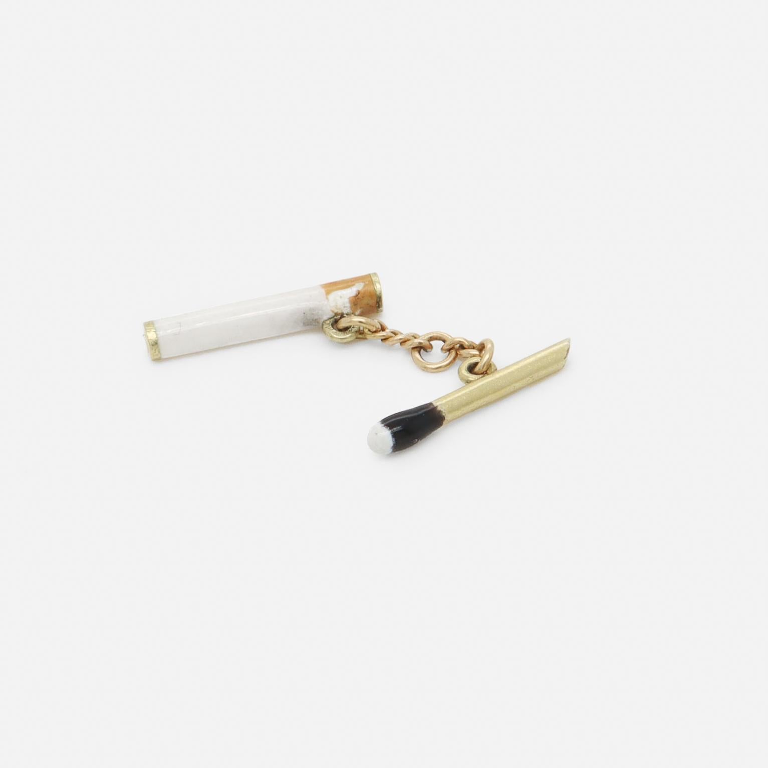 Retro Vintage 14K Gold & Enamel Match & Cigarette Charm for a Bracelet For Sale
