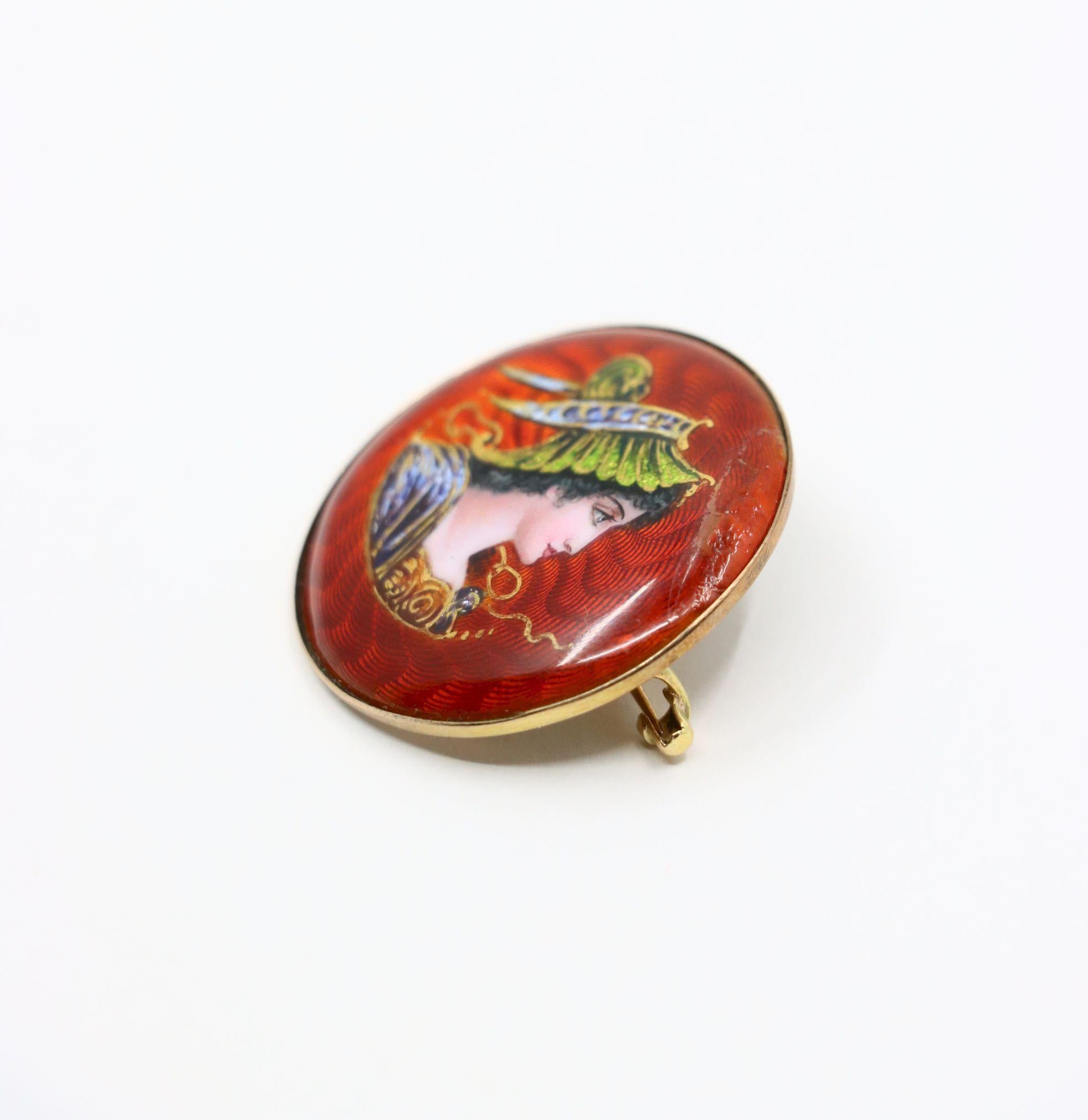 Vintage 14K Gold Enamel Painted Brooch Pin For Sale 7