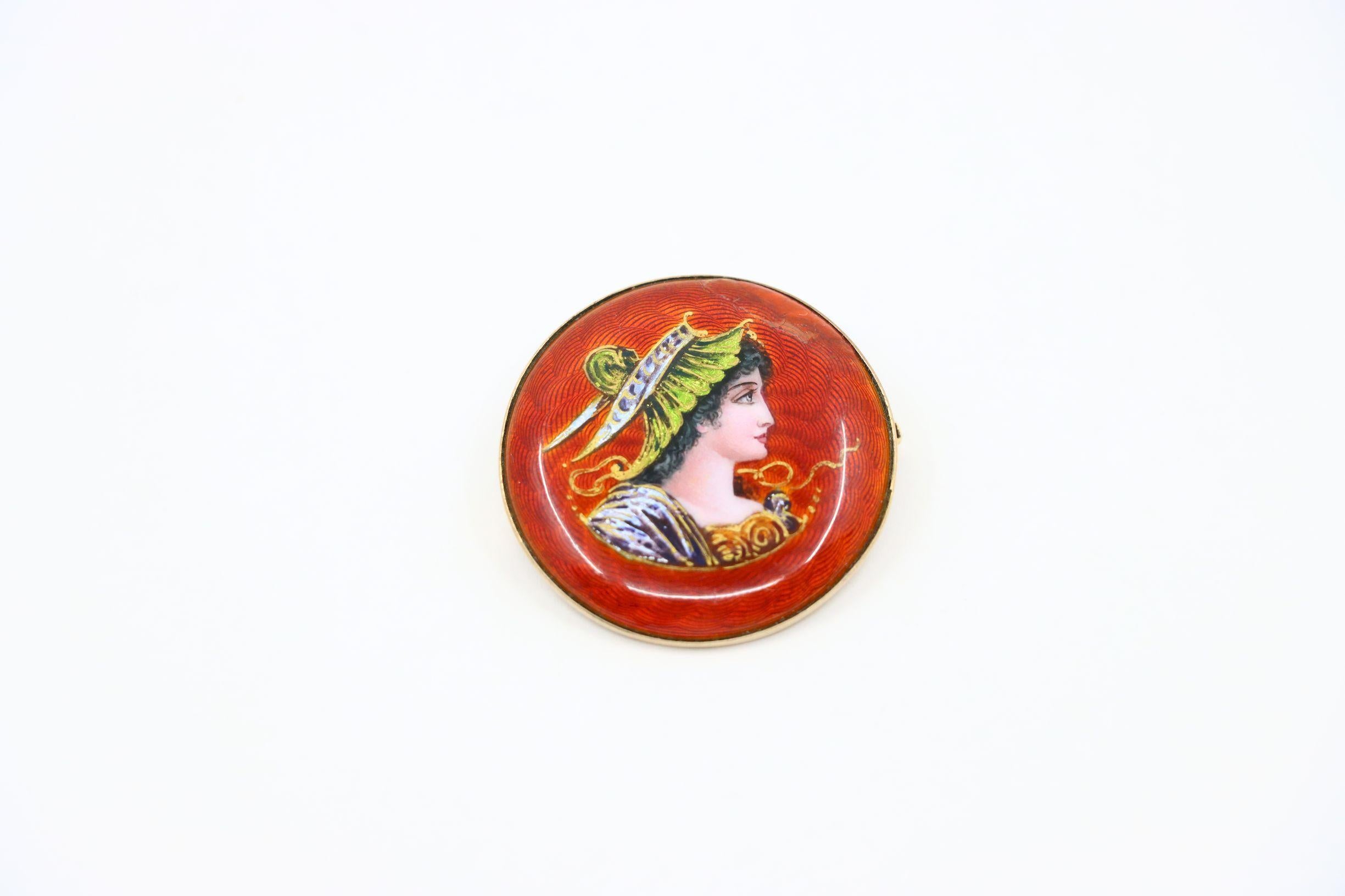 Women's Vintage 14K Gold Enamel Painted Brooch Pin For Sale