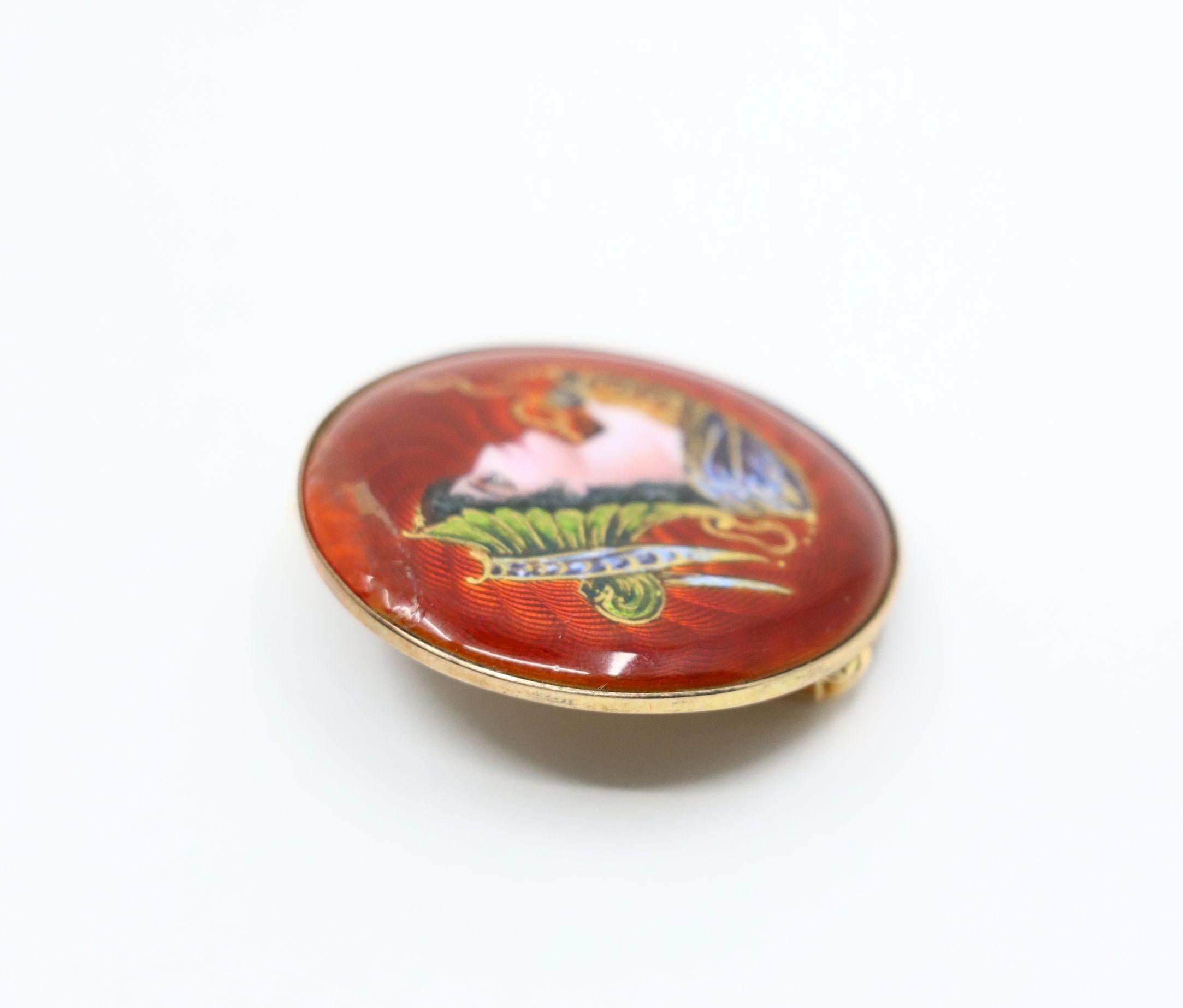Vintage 14K Gold Enamel Painted Brooch Pin For Sale 1