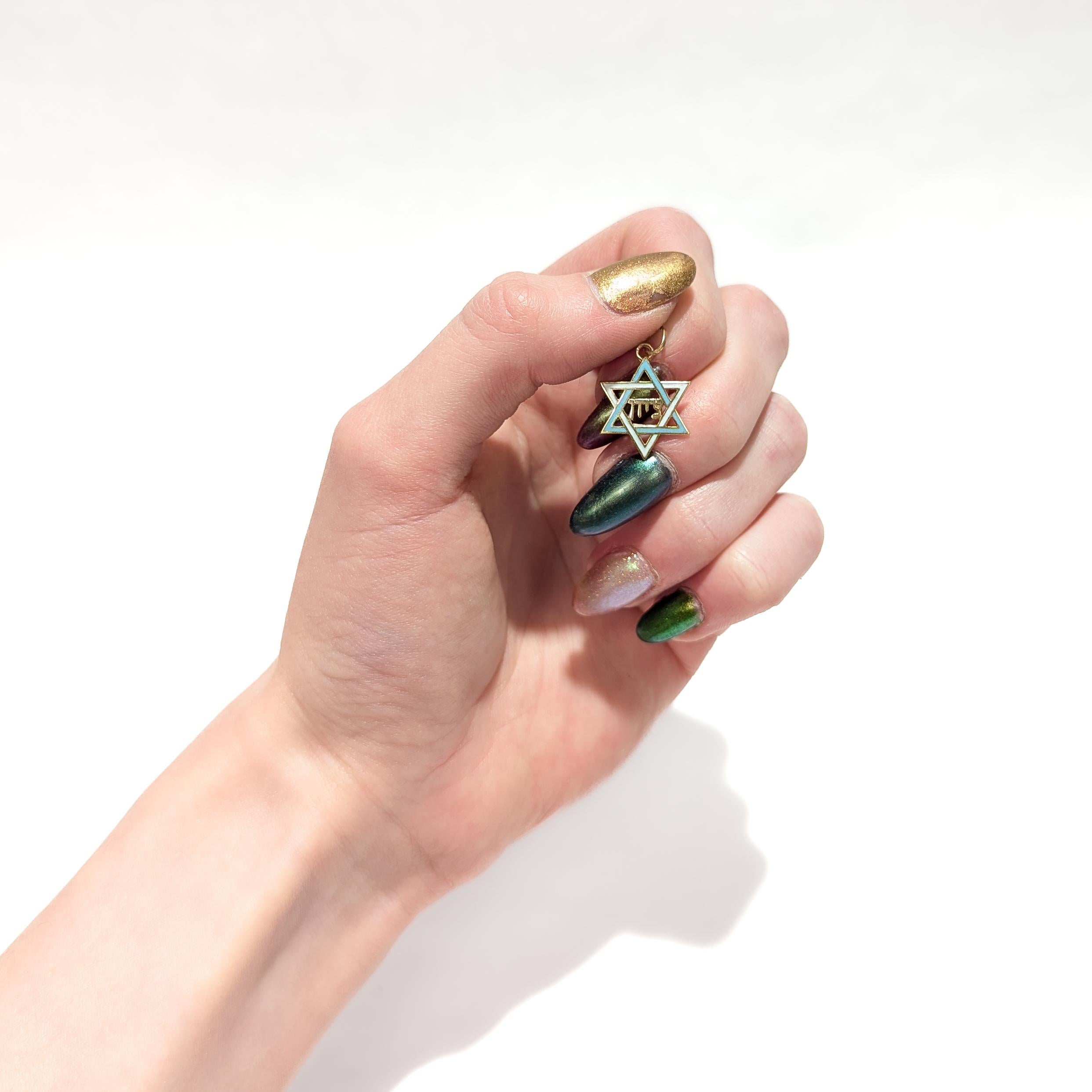 Retro Vintage 14K Gold & Enamel 'Zion' Star of David Charm for a Charm Bracelet For Sale