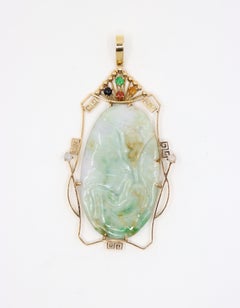 Vintage 14K Gold Engraved Jade Large Pendant