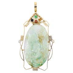Vintage 14K Gold Engraved Jade Large Pendant