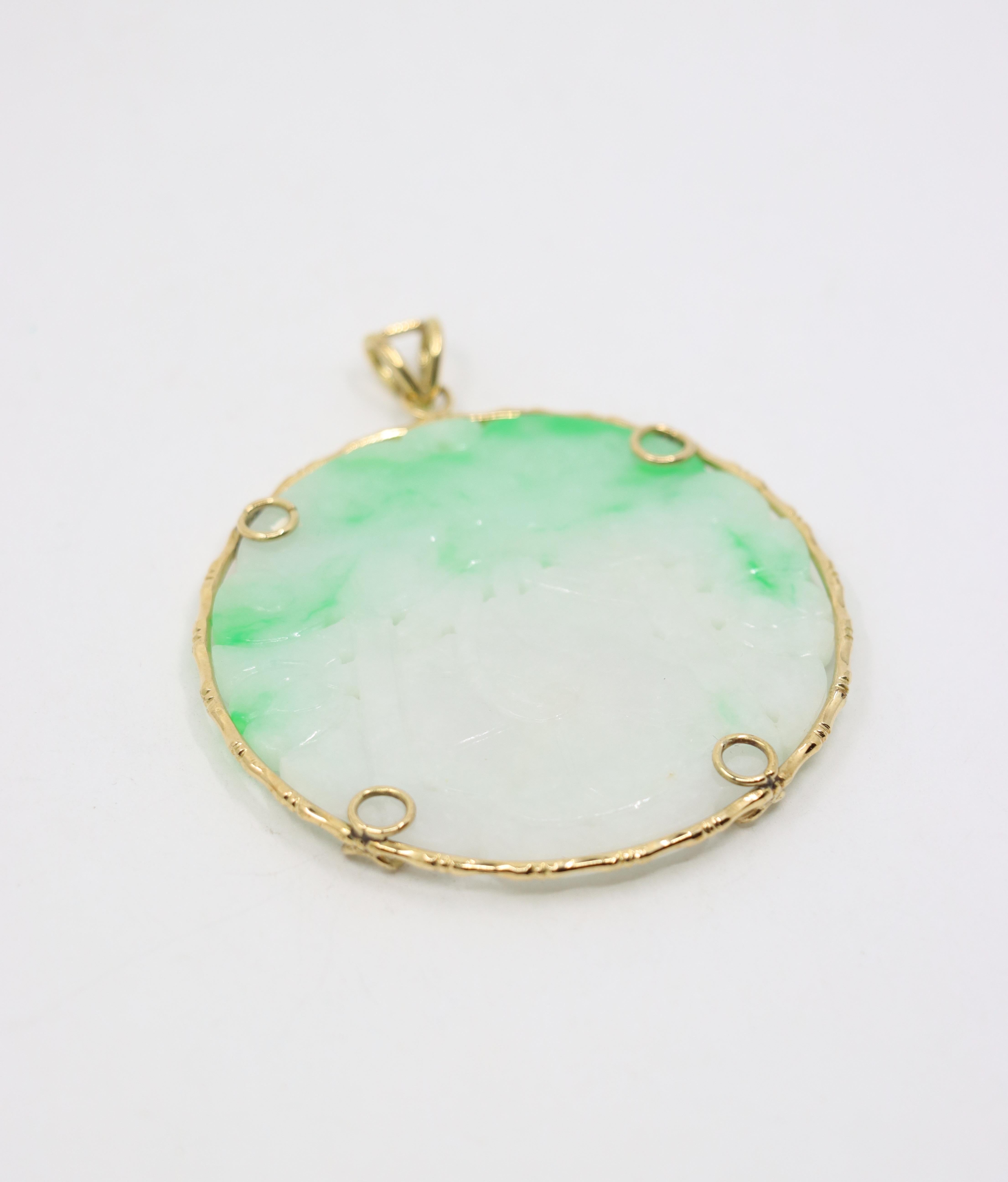 Round Cut Vintage 14K Gold Engraved Jade Round Pendant For Sale