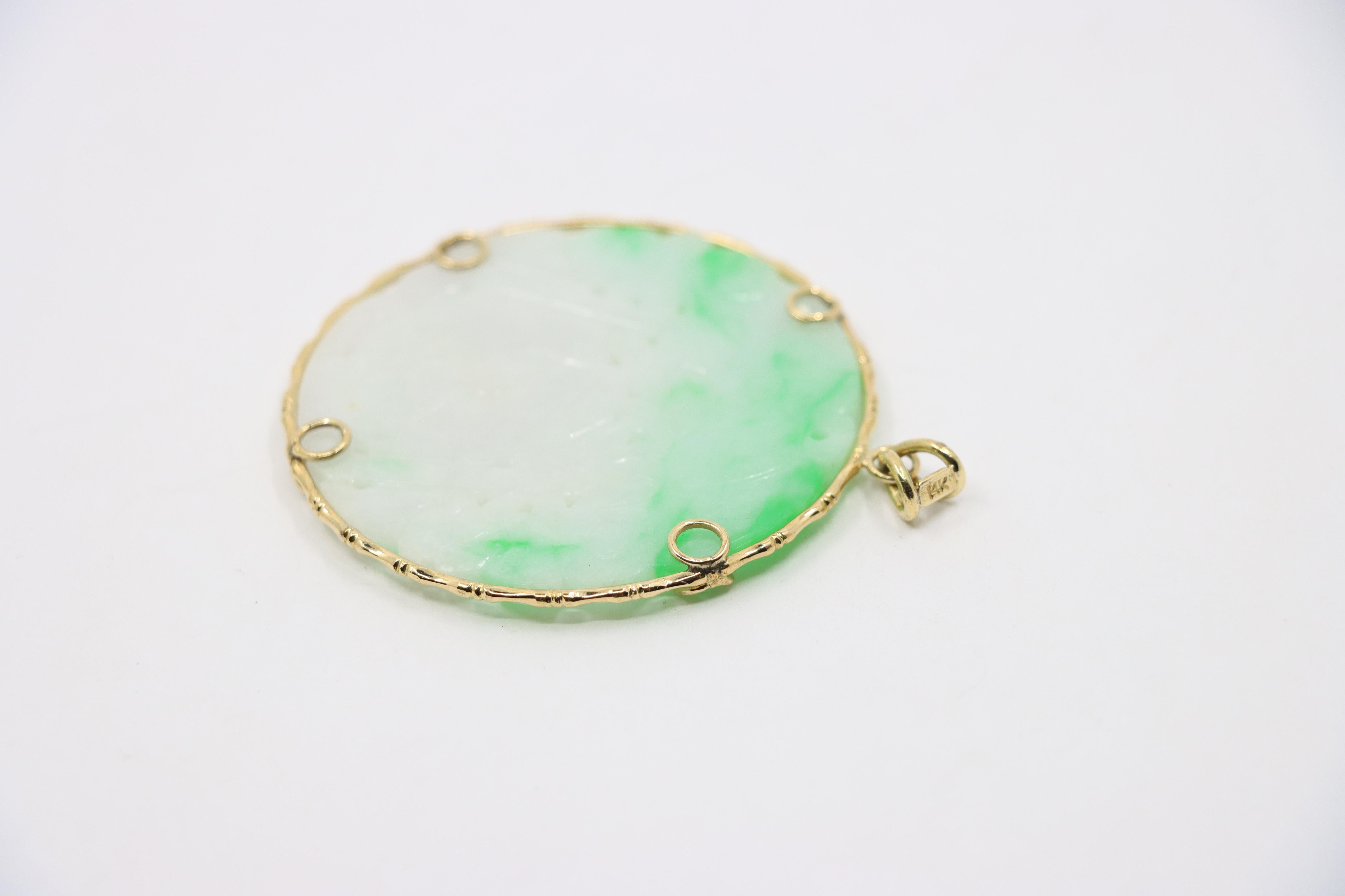 Women's Vintage 14K Gold Engraved Jade Round Pendant For Sale