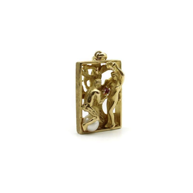Contemporary Vintage 14K Gold Figural Adam and Eve Pendant with Ruby and Pearl For Sale