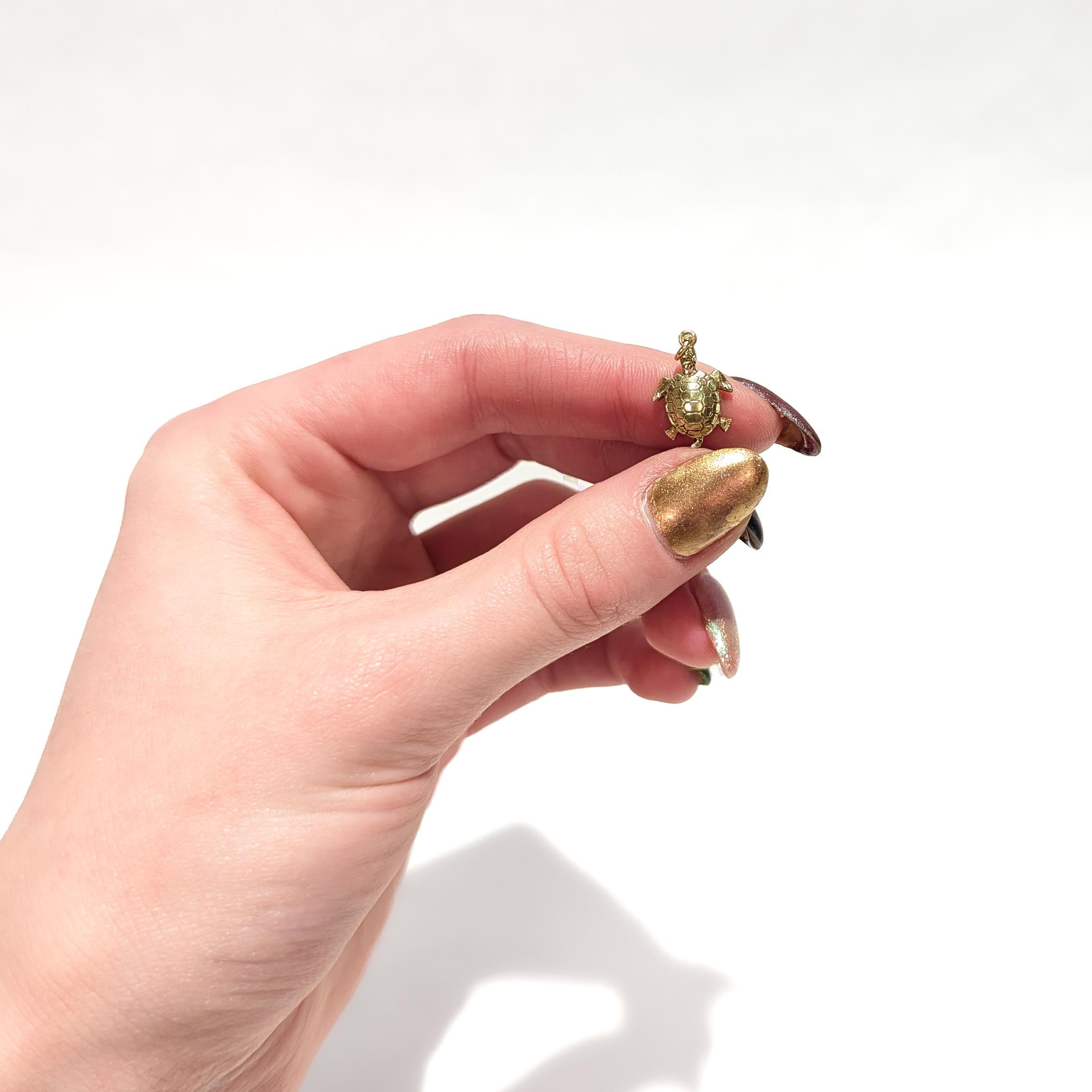 Retro Vintage 14K Gold Figural Sea Turtle Charm or Pendant For Sale