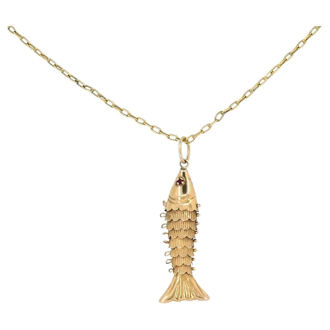 Ciondolo a forma di pesce in oro 14k Vintage Collana con catena in oro 18k
