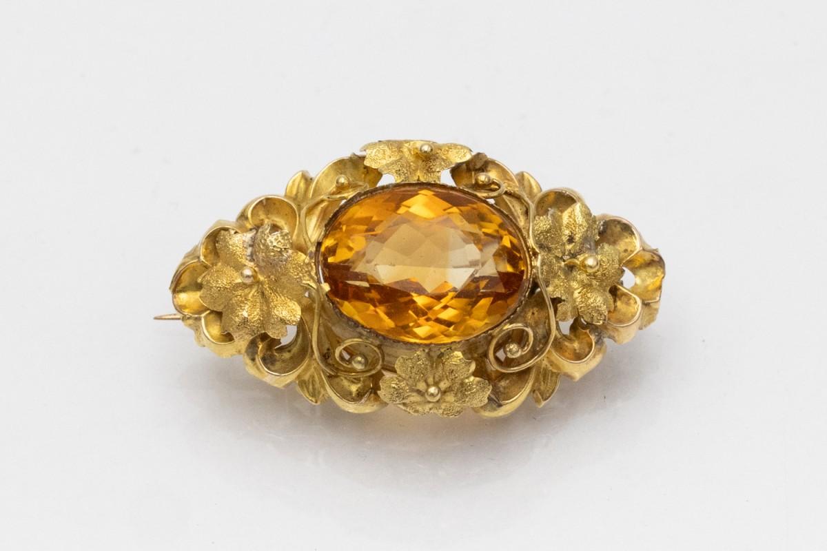 Vintage 14K Gold Floral Brooch with Citrine, mid XX cent. In Good Condition For Sale In Chorzów, PL