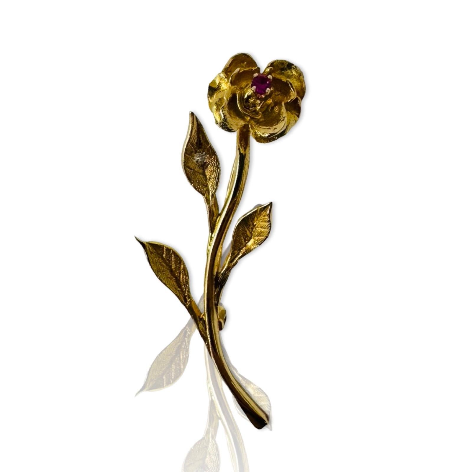 Women's or Men's Vintage 14K Gold Floral Brooch with Ruby & Old Mine Cut Diamond For Sale